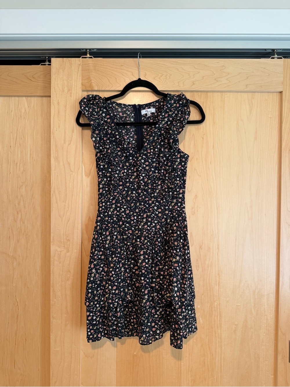 Floral Ruffle Sleeve Fit & Flare Dress - Navy
